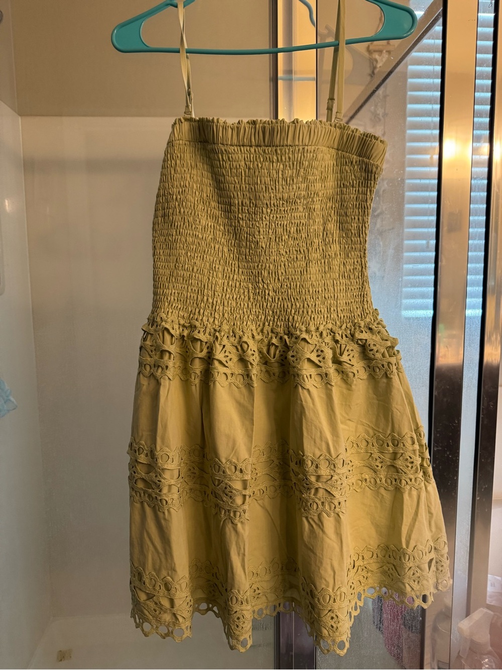 Just Me Olive Green Smocked Mini Skirt with Eyelet Trim